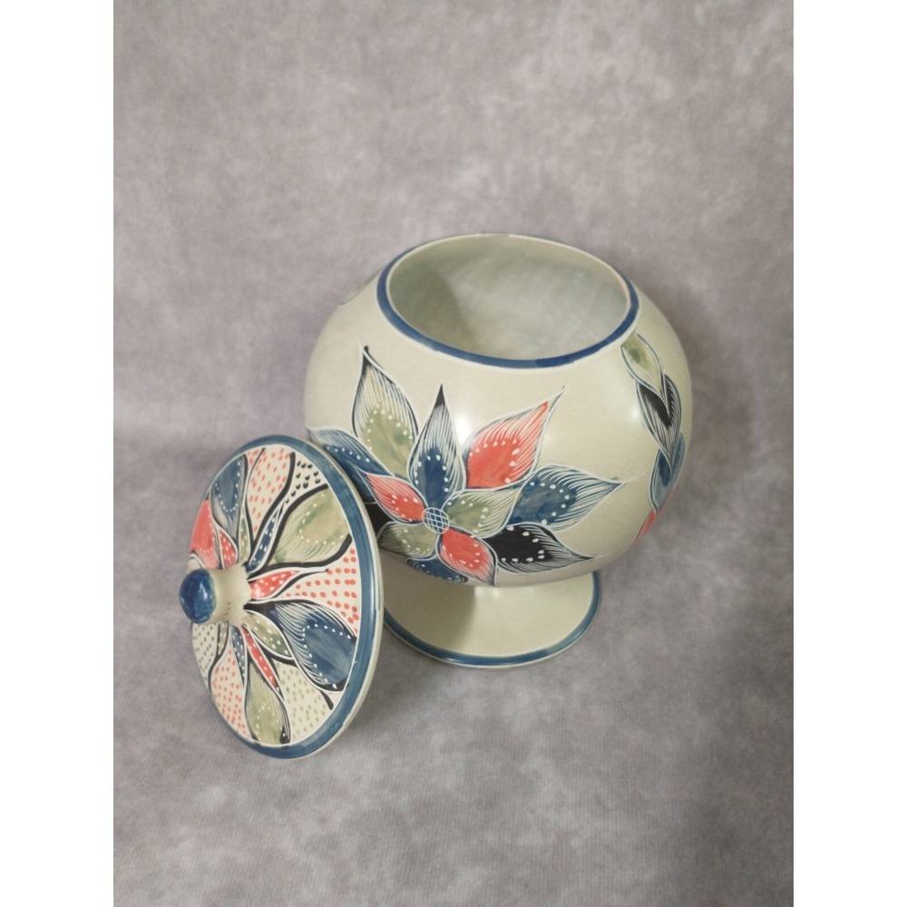 Pedestal Soapstone Jar With Lid Hand Painted and Carved Floral Design - Picture 7 of 10